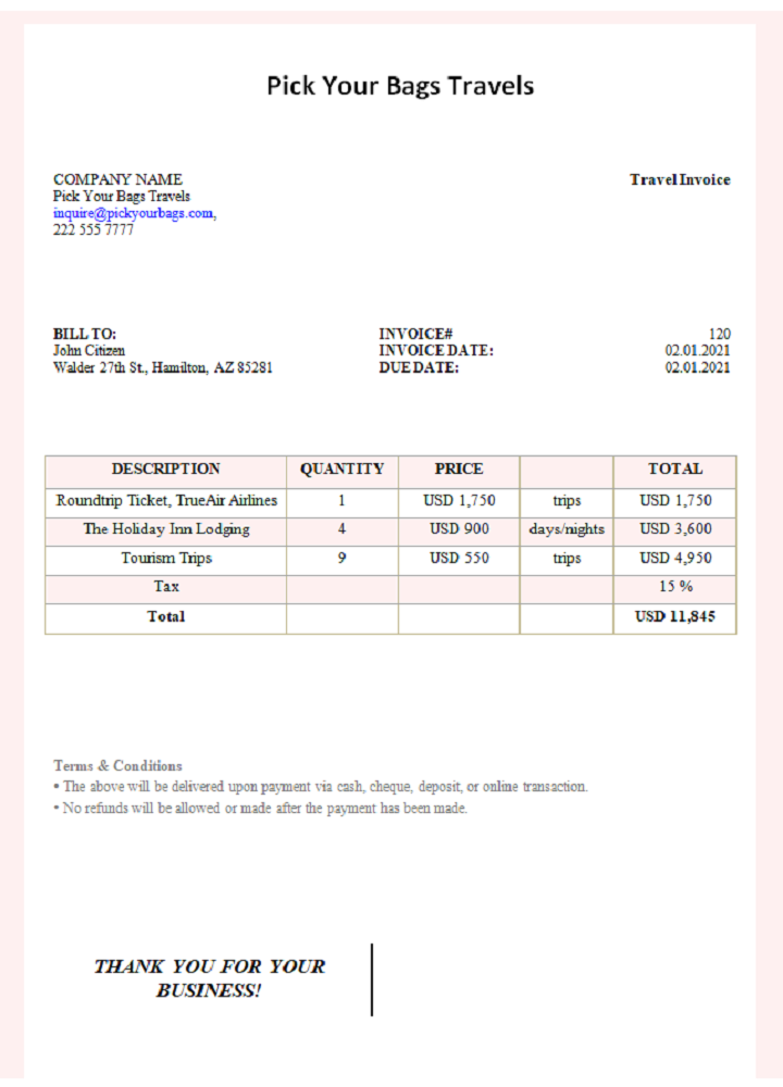 USA Pick Your Bags Travels invoice PSD template